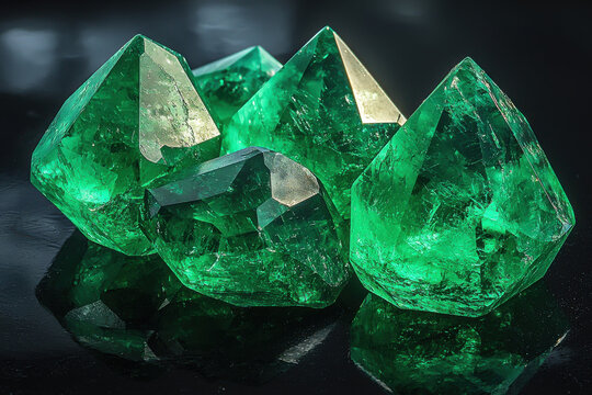 Polished emerald gemstones on black surface