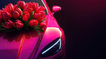 Vibrant red tulips on shiny pink car hood celebrating international women's day march 8 concept