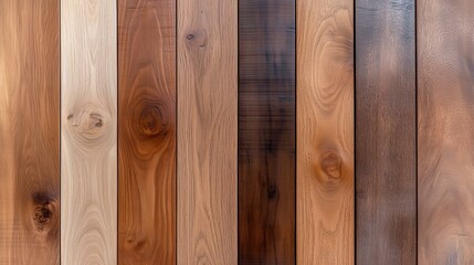Fototapeta premium Variety of wooden planks displaying natural grain textures in vertical arrangement