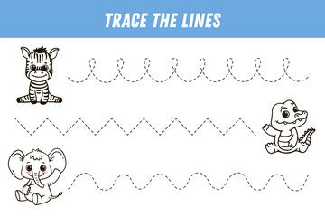 Tracing lines for kids. Cute cartoon animals: zebra, elehpant, crocodile. Handwriting practice. Educational game for preschool kids. Activity page. Vector illustration.