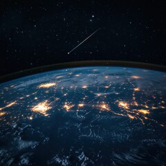 Obraz premium Earth at night with a shooting star.
