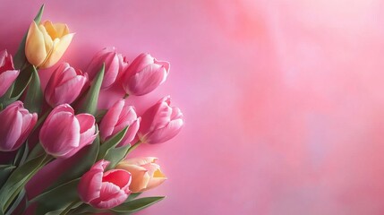 Obraz premium Pink and yellow tulips on soft pink background symbolizing international women's day march 8 and mother's day celebration