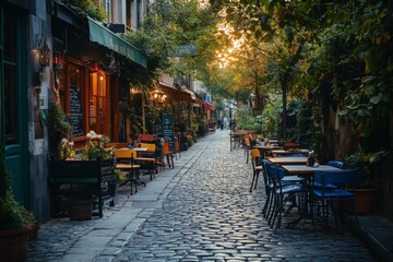 Fototapeta premium Quiet cobblestone street with cozy cafes and colorful facades