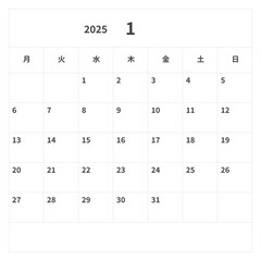 2025年(令和7年) 正方形カレンダー 1月, ベクター, テンプレート, 月曜始まり