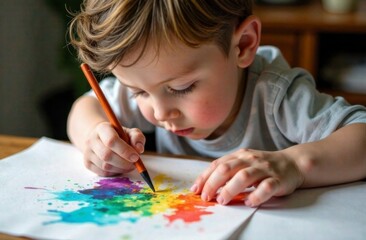 Little boy draws with paints at the table
