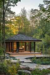 Modern glass pavilion, wooded setting, stone path.