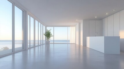 A minimalist apartment with smooth concrete floors, a neutral palette, and oversized windows for a contemporary look