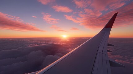 Obraz premium Wing of a commercial airplane flying above clouds in the sunset as seen from the window.