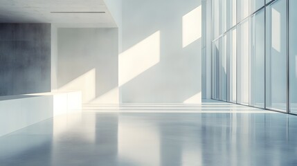 Obraz premium A minimalist open-plan office space is flooded with natural light, offering a serene and peaceful environment perfect for remote work or brainstorming sessions