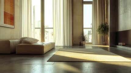 A minimalist apartment with smooth concrete floors, a neutral palette, and oversized windows for a contemporary look