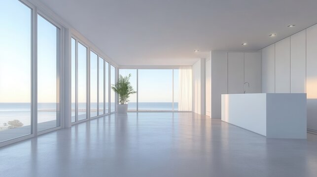 A minimalist apartment with smooth concrete floors, a neutral palette, and oversized windows for a contemporary look