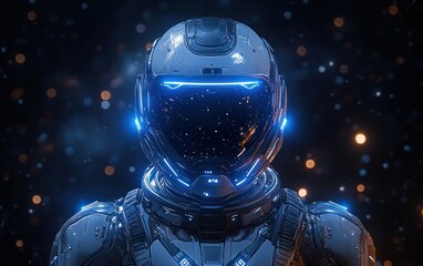 Futuristic Astronaut in Sleek Spacesuit Illuminated by Blue Lights in Dark Starry Universe