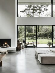 Fototapeta premium A contemporary living room with polished concrete floors, a simple white wall, and large windows showcasing a garden view