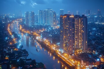 Obraz premium Aerial view of a vibrant city at night with glowing lights
