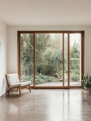 Obraz premium A contemporary living room with polished concrete floors, a simple white wall, and large windows showcasing a garden view