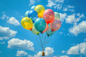 Rainbow balloons rising into a blue sky