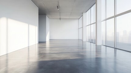 Fototapeta premium A minimalist space with concrete flooring, clean lines, and large windows providing a bright and open ambiance