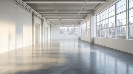 A minimalist space with concrete flooring, clean lines, and large windows providing a bright and open ambiance