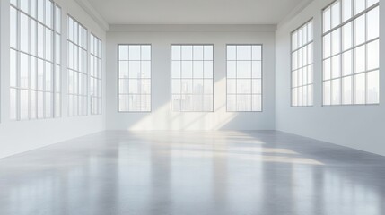Fototapeta premium A minimalist space with concrete flooring, clean lines, and large windows providing a bright and open ambiance