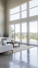 Obraz premium A bright and open living space with concrete flooring, soft gray walls, and expansive windows overlooking a serene landscape