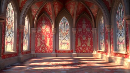 Obraz premium A 3D fantasy medieval throne room featuring gothic arches and windows creates a captivating and immersive setting for royal gatherings and dramatic storytelling