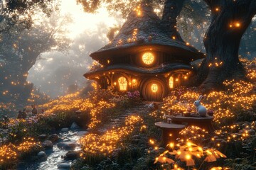 A whimsical cottage surrounded by glowing flowers and a serene stream.
