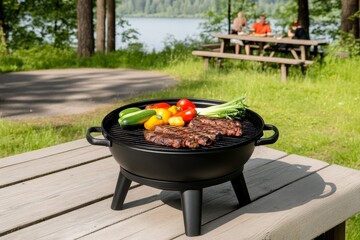 A close view of an outdoor grill with meat and vegetables