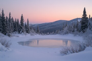 Fototapeta premium Winter landscape with snow-covered trees and pastel sky