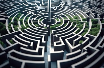 A circular maze with intricate pathways and lush greenery growing within, symbolizing the harmony of complexity and nature in a dynamic and modern design concept