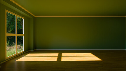 Spacious empty room with green walls, a polished wooden floor. Natural light streams in from a window. Ideal background for interior design mockups, real estate presentation, or advertising materials.