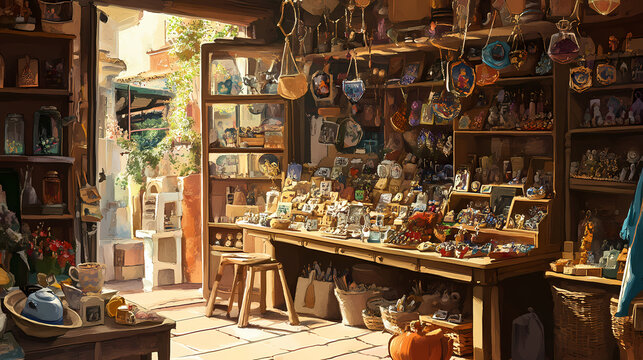 Souvenirs, handmade crafts, artisanal charm offer a glimpse into local traditions and craftsmanship, making each piece unique. Glimpse. Illustration