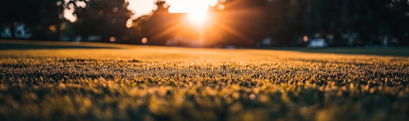 A park filled with vibrant green grass bathes in the sunlight of a summer day