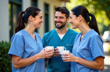 Obraz premium Medical workers drink coffee during a break