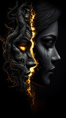  Abstract representation of two faces, one illuminated in warm light and the other hidden in shadows, symbolizing the balance of light and dark within human nature
