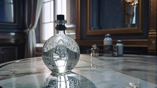 Elegant crystal bottle on luxurious marble counter in opulent interior for slow motion video and cinematic scenes