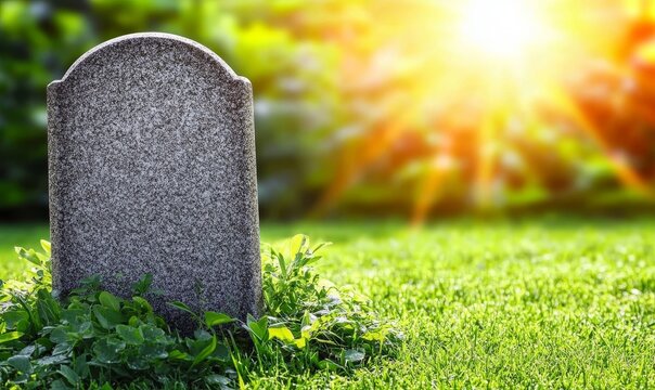 A lone, worn gravestone surrounded by other graves and trees