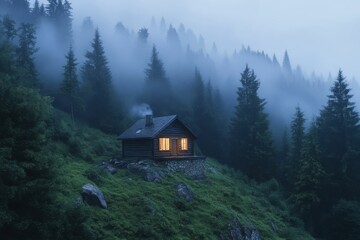 Misty forest, illuminated cabin, hillside setting.