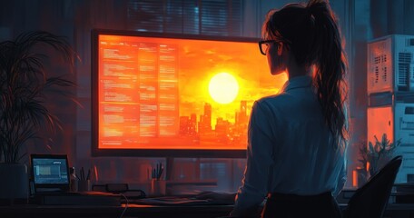 Hispanic Female Data Scientist Presenting Risk Management Reports on Large Digital Screen in Modern Office Environment