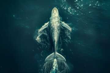 Naklejka premium A breathtaking aerial view of a majestic blue whale gliding gracefully through the deep blue ocean.