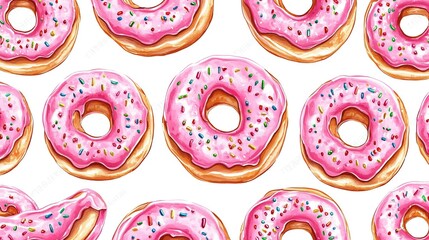Fototapeta premium Pink frosted donuts with sprinkles seamless pattern.