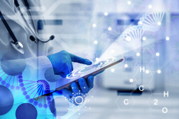 Medical technology. Doctor using tablet, closeup. Illustration of DNA and virus, chemical formulas