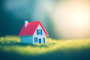 Capture the cozy space of home and life with a miniature house on a green lawn under sunlight, set against an abstract background