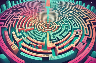 A surreal maze rendered in vibrant neon hues of pink, teal, and orange, featuring a pathway leading to a central circular structure with mysterious architectural details
