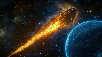 Obraz premium Fiery asteroid hurtling towards Earth, cosmic threat.