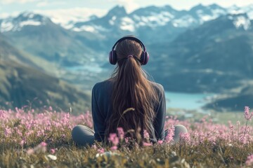 work life balance concept, young woman relaxing in lotos position with headphones on head with beautiful nature view