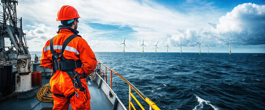 Offshore wind farm engineer observing turbines from service vessel