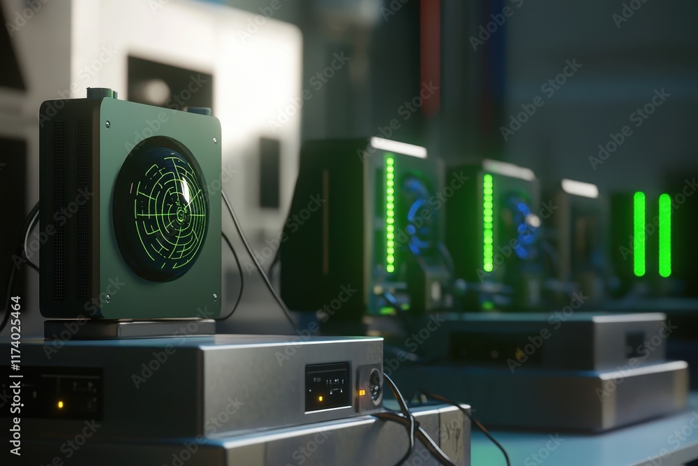 Poster advanced technology in a modern laboratory showcasing radar systems and computing equipment