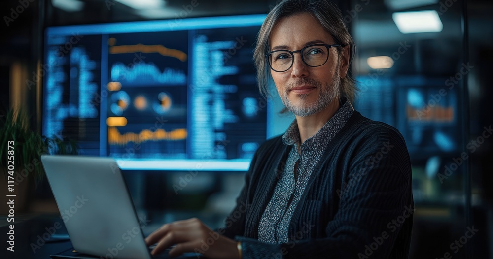 Poster diverse female tech expert smiling with laptop in modern office setting with data analytics screen