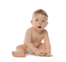 Little baby in diaper on white background