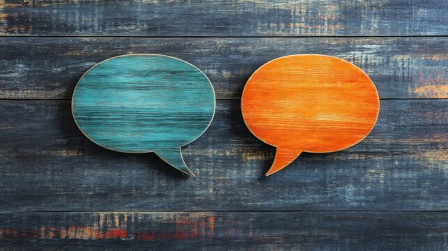 Speech bubbles overlapping, symbolizing shared thoughts and the discovery of compromise in communication, representing dialogue and understanding.
 